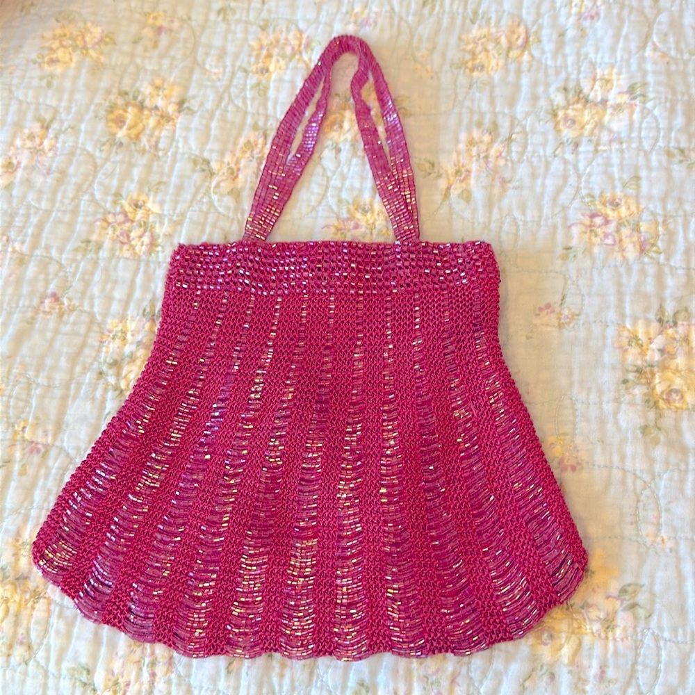 Dolls of India Saffron beaded bag fuchsia bag 7” plus 5” straps hand embroidery